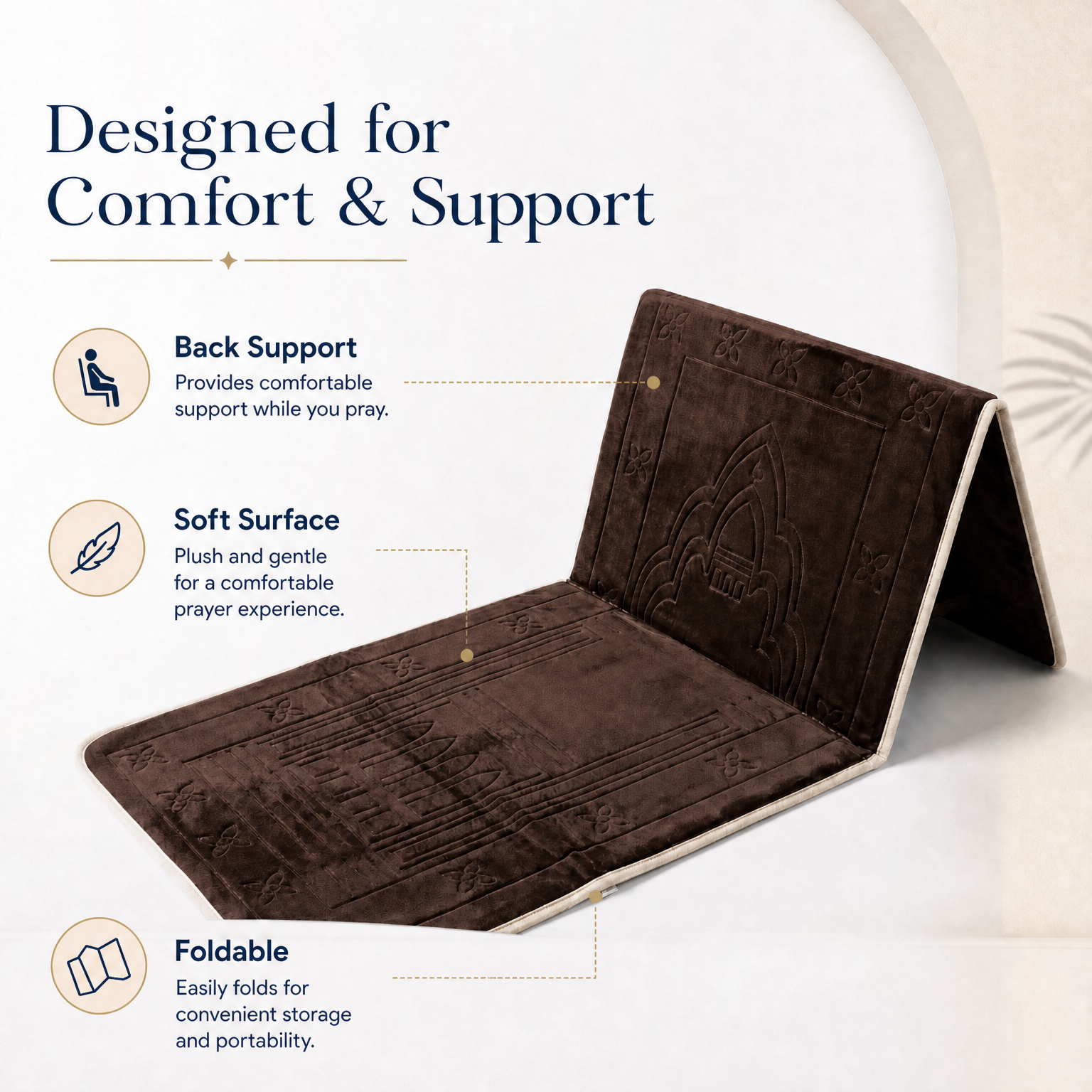 Brown Foldable Prayer Mat with Backrest