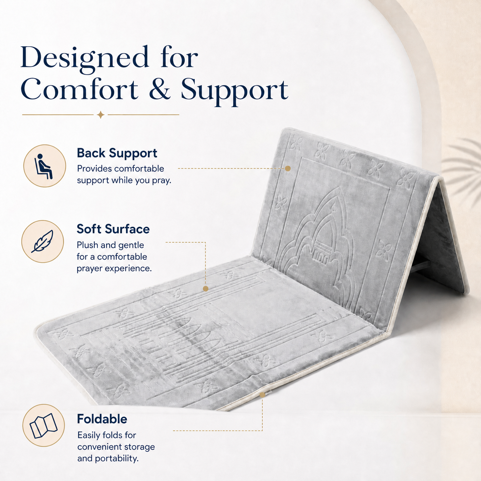 Silver Foldable Prayer Mat with Backrest