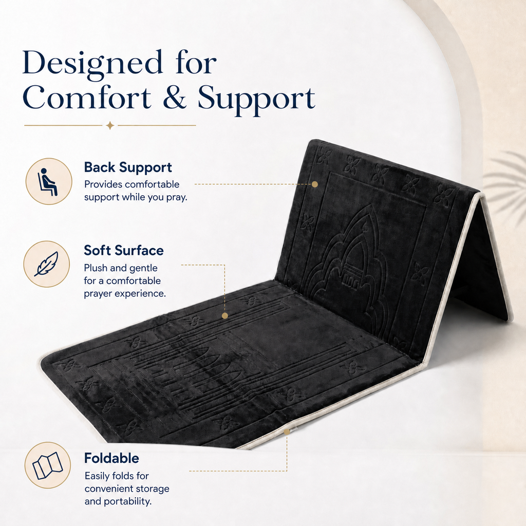 Black Foldable Prayer Mat with Backrest
