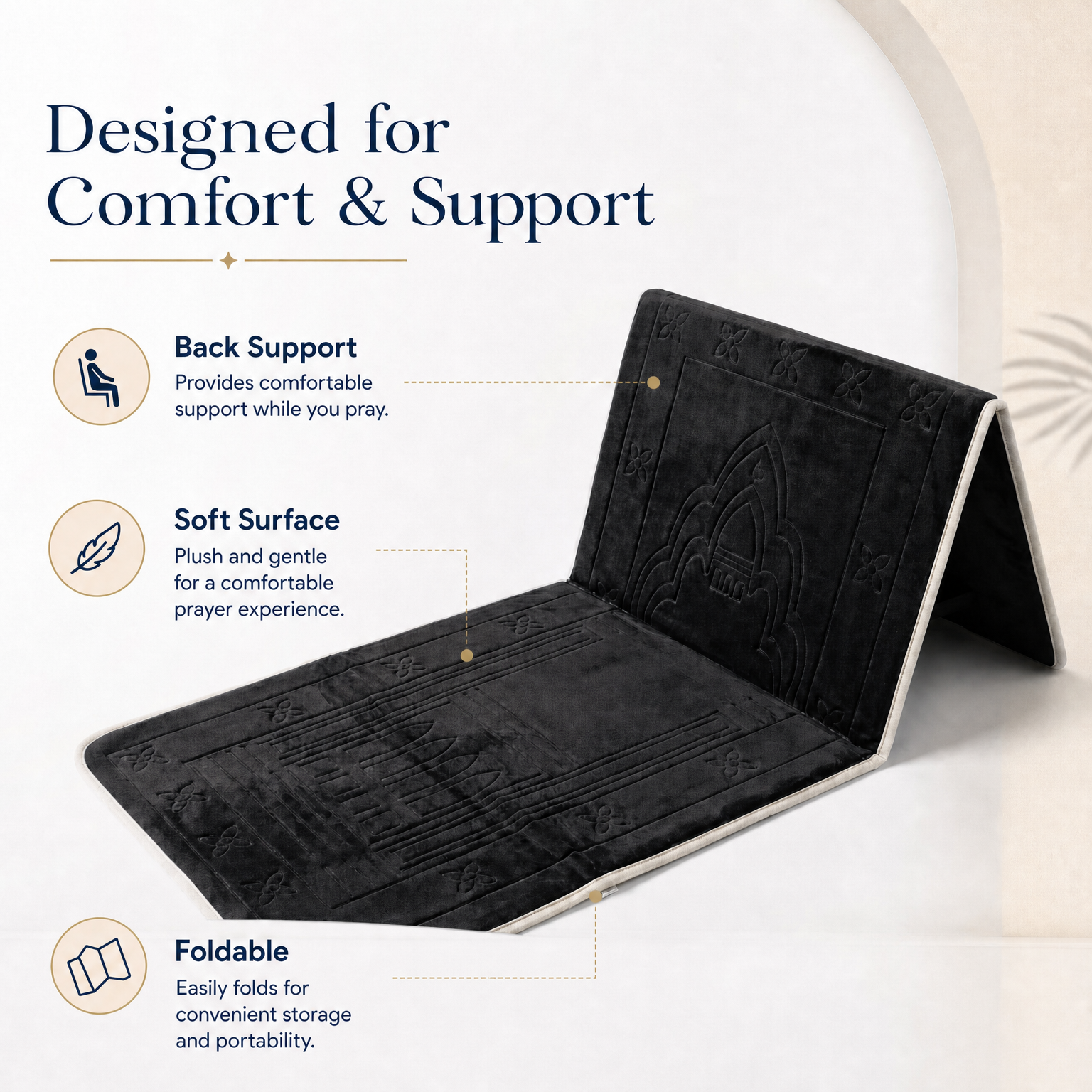 Black Foldable Prayer Mat with Backrest