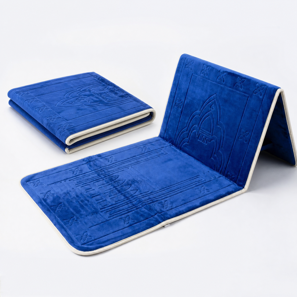 Blue Foldable Prayer Mat with Backrest