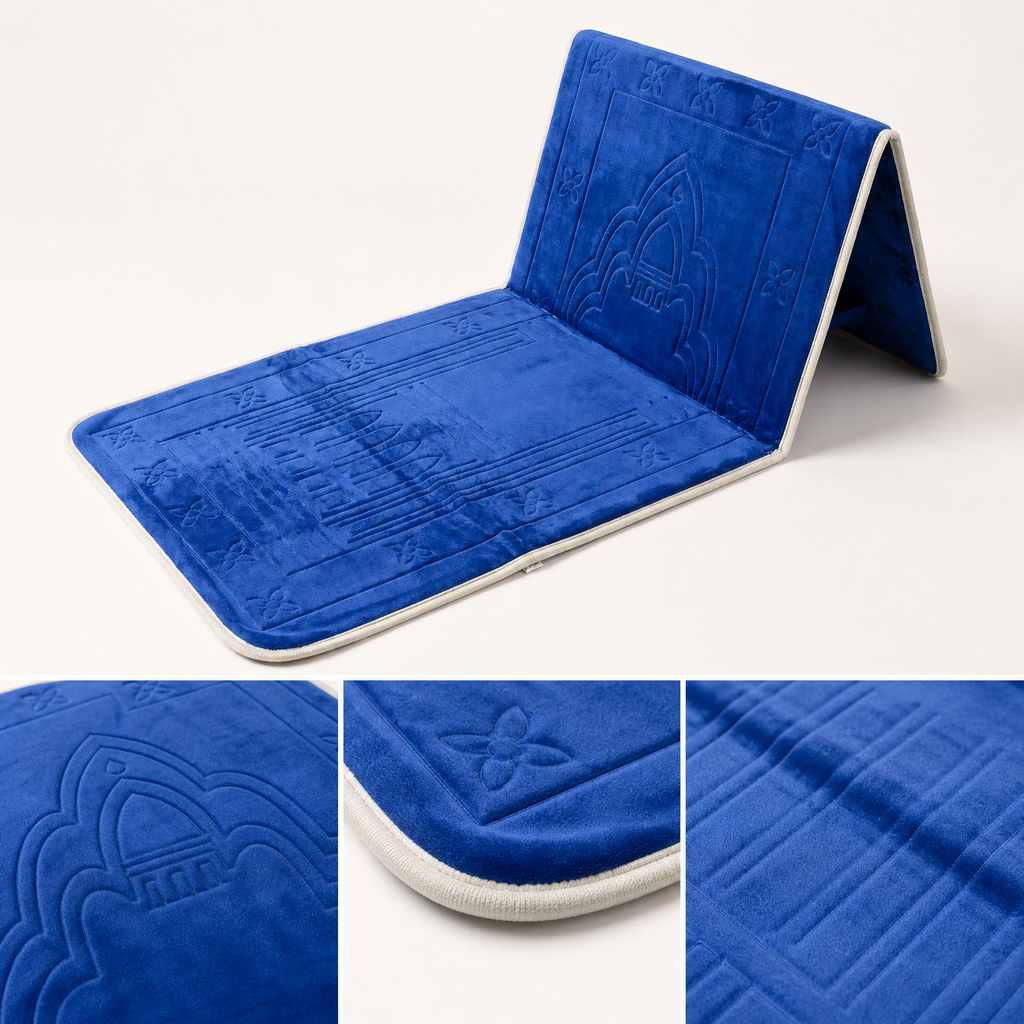 Blue Foldable Prayer Mat with Backrest