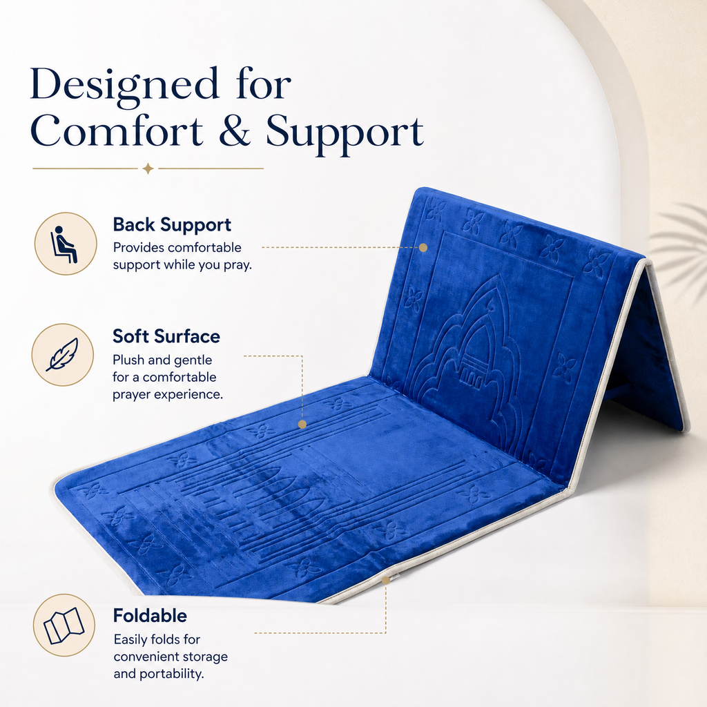 Blue Foldable Prayer Mat with Backrest