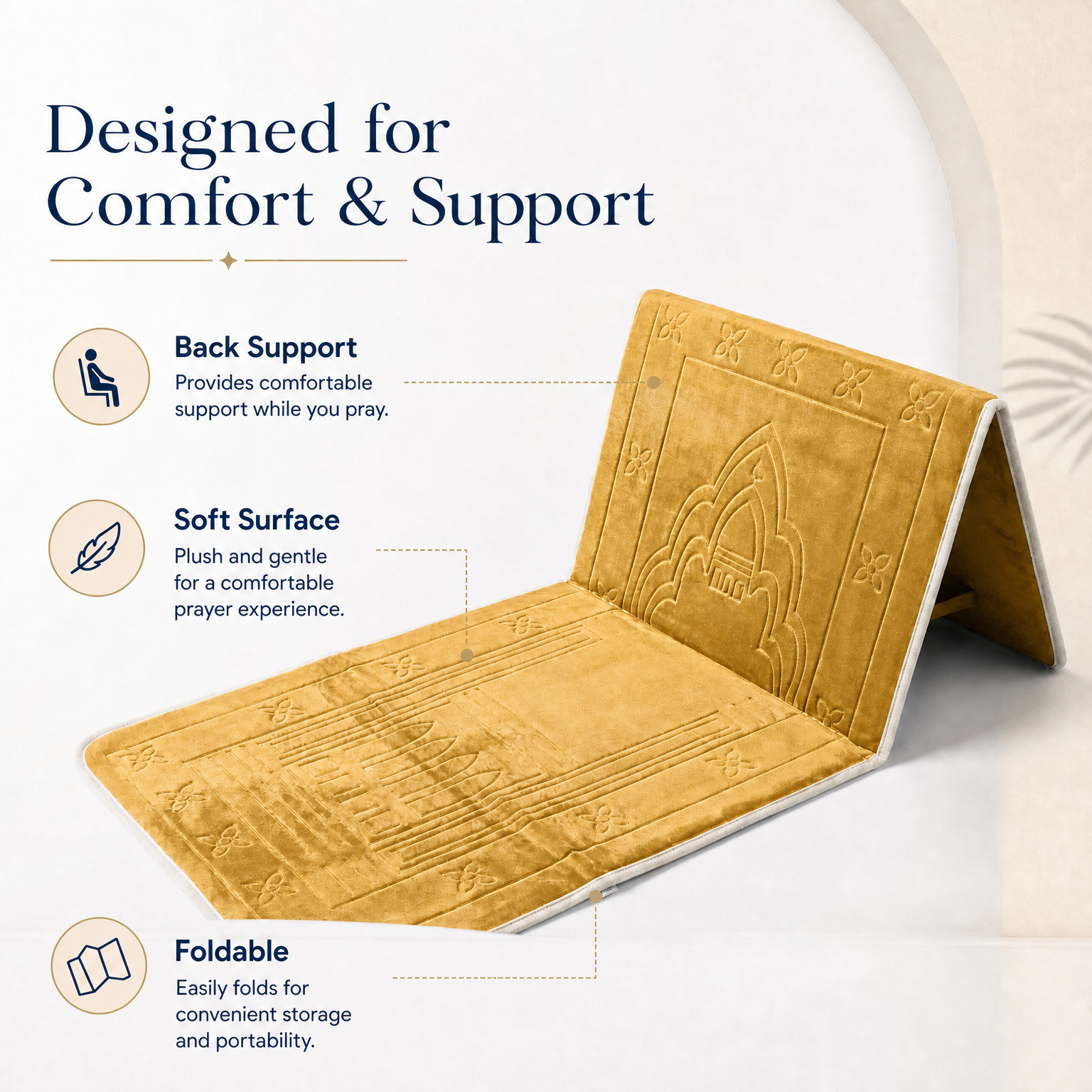 Gold Foldable Prayer Mat with Backrest