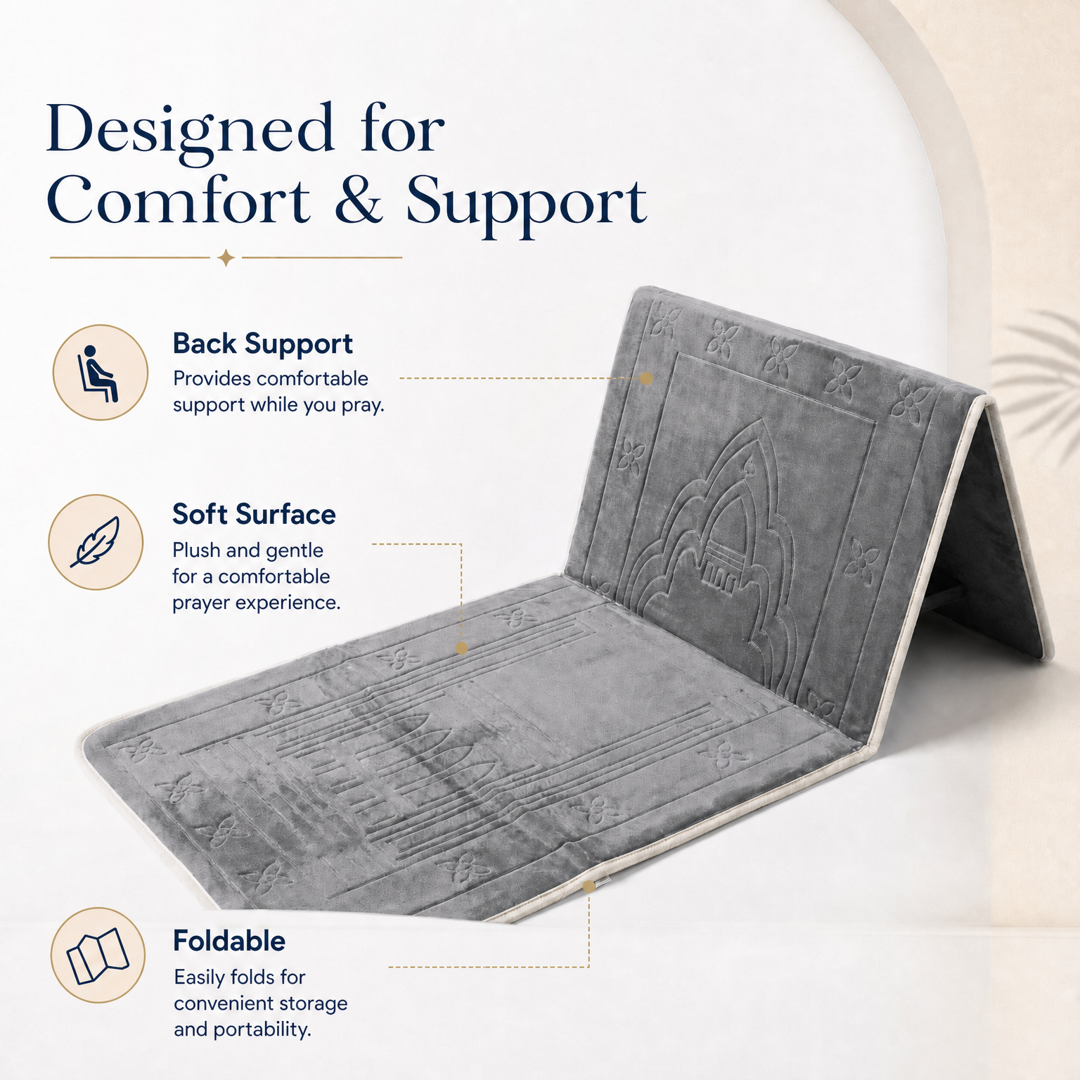 Gray Foldable Prayer Mat with Backrest