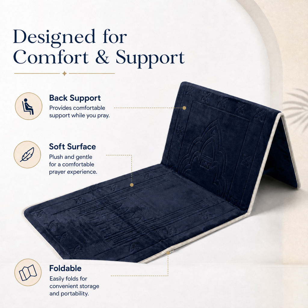 Navy Foldable Prayer Mat with Backrest